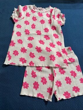 Girls White & Hot Pink Floral Ribbed matching Set